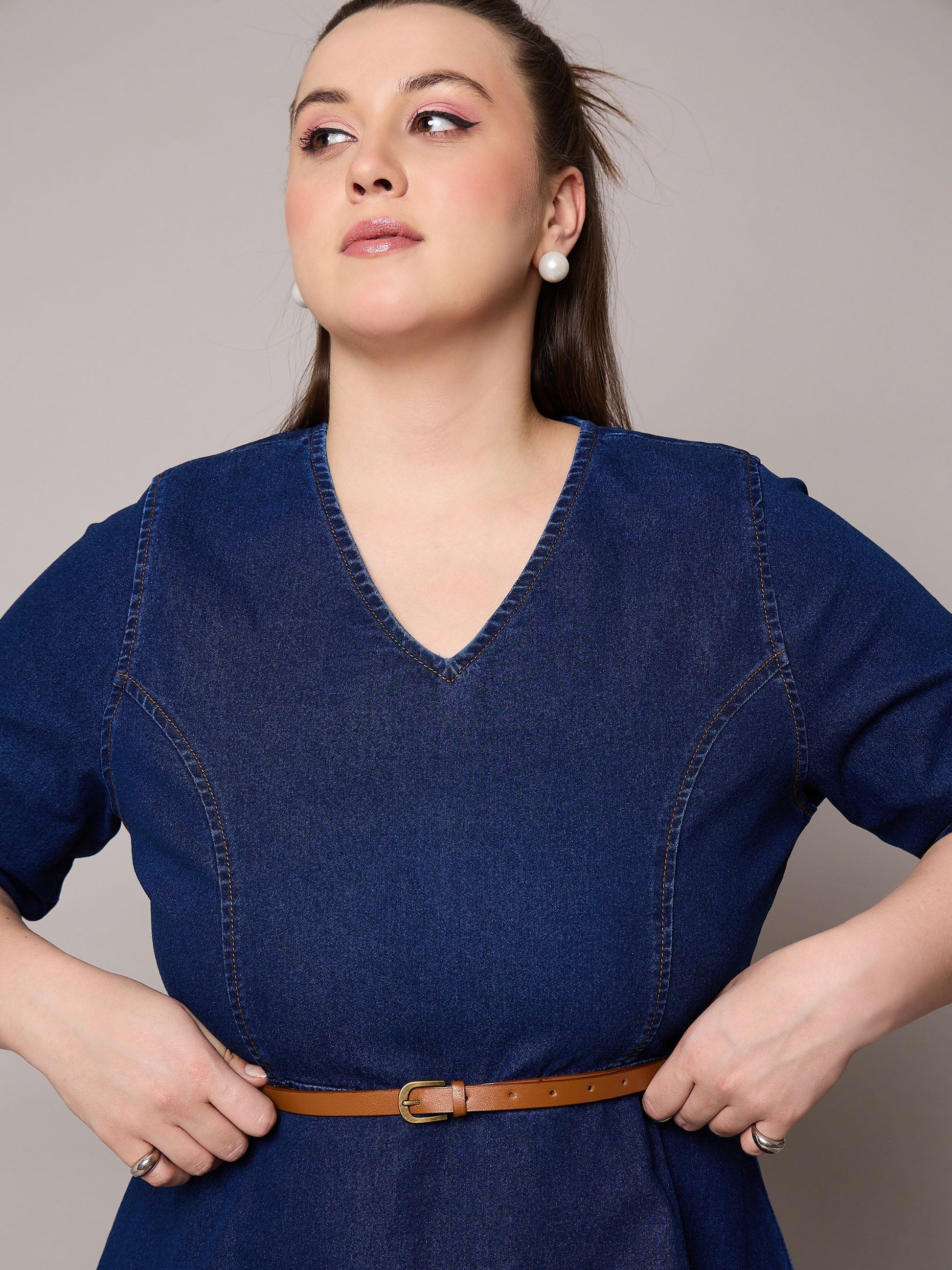 Navy Blast Denim Peplum Top With Jeans-SASSAFRAS Curve
