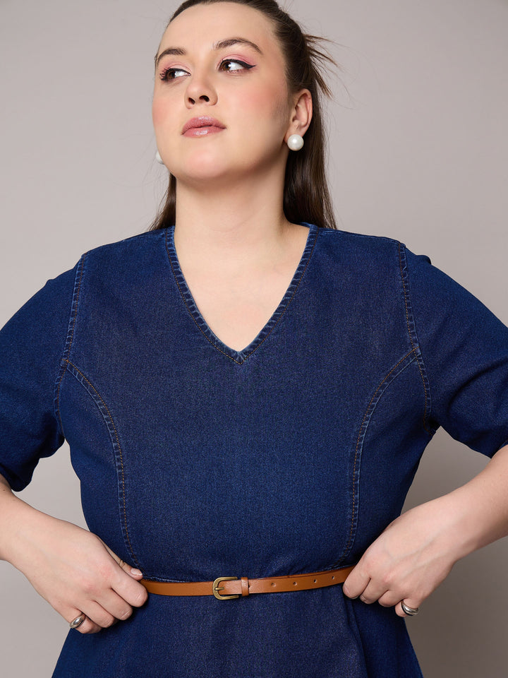 Navy Blast Denim Peplum Top With Jeans-SASSAFRAS Curve