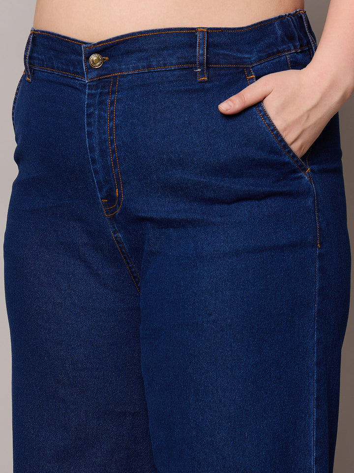Navy Blast Denim Peplum Top With Jeans-SASSAFRAS Curve