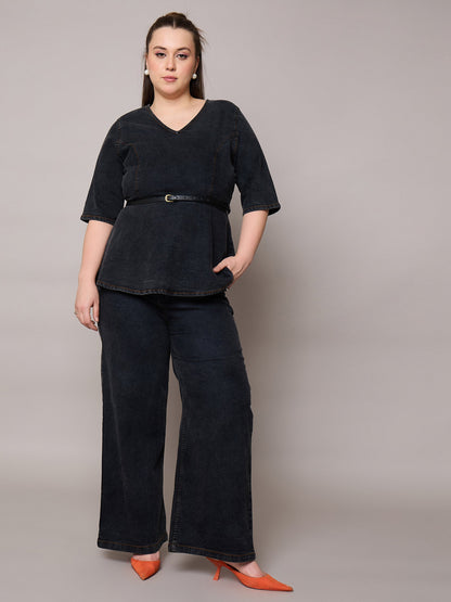 Plus size women's Black Denim Black Blast Denim Peplum Top With Jeans by Sassafras Curve for wholesale buyers, boutiques, resellers and bulk orders