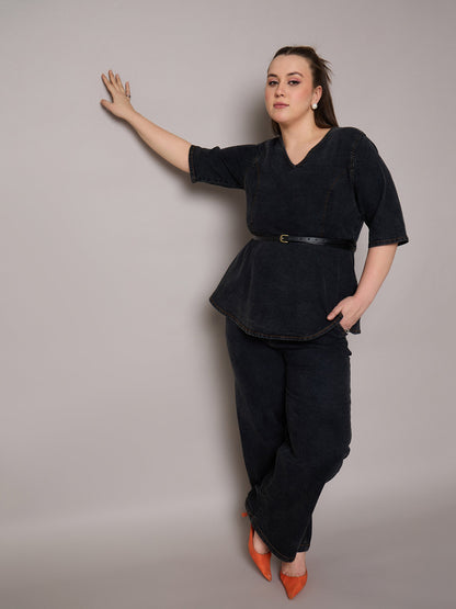 Black Blast Denim Peplum Top With Jeans-SASSAFRAS Curve