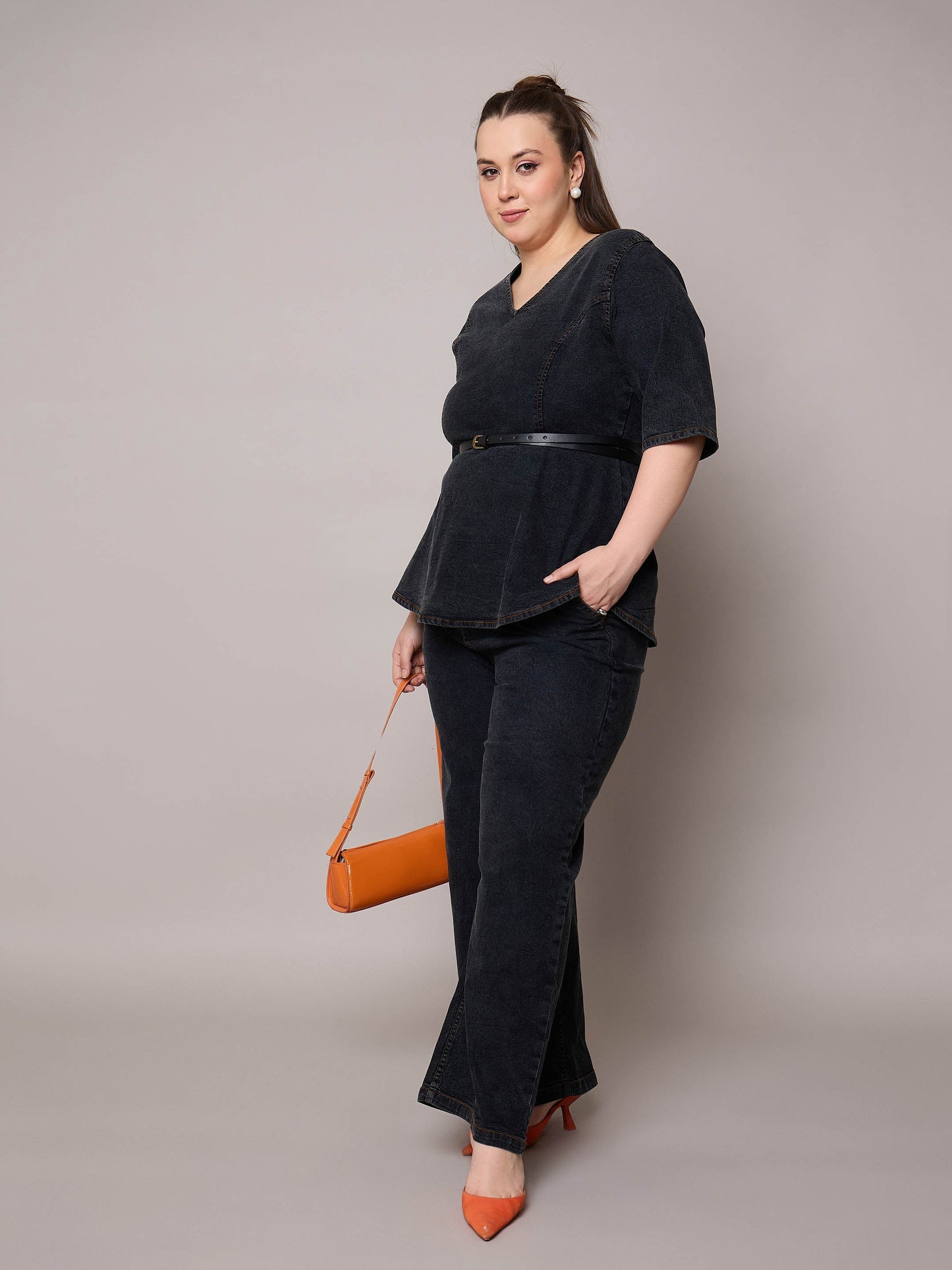 Black Blast Denim Peplum Top With Jeans-SASSAFRAS Curve