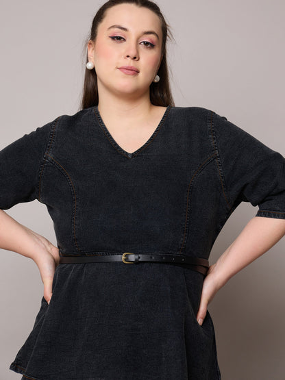 Black Blast Denim Peplum Top With Jeans-SASSAFRAS Curve