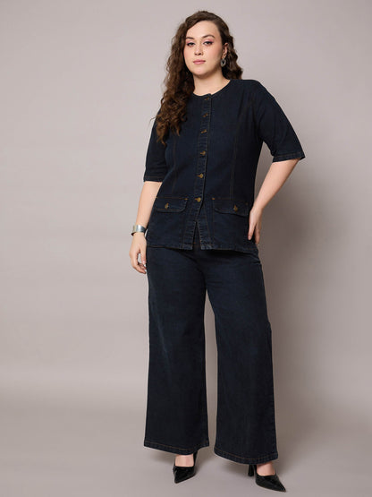 Black Blast Denim Button Top With Jeans-SASSAFRAS Curve