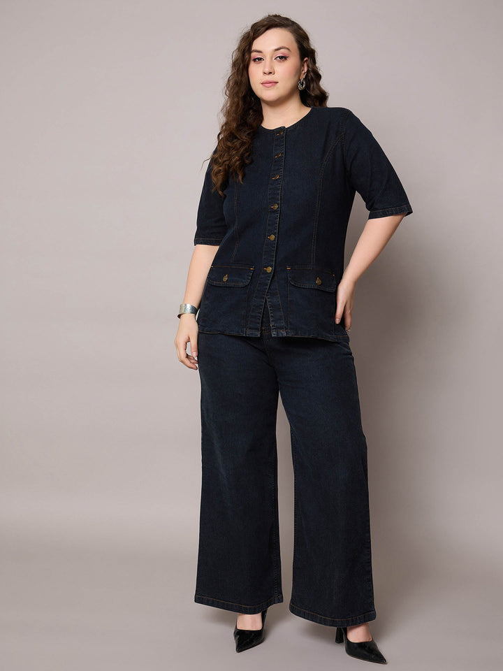 Black Blast Denim Button Top With Jeans-SASSAFRAS Curve