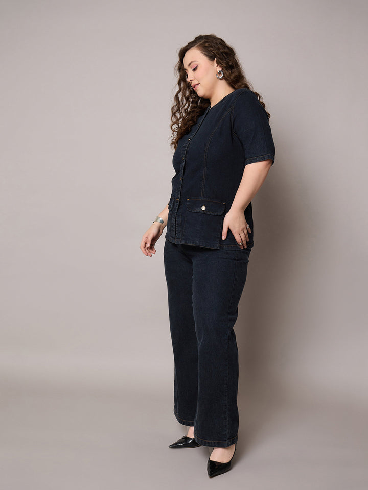 Black Blast Denim Button Top With Jeans-SASSAFRAS Curve