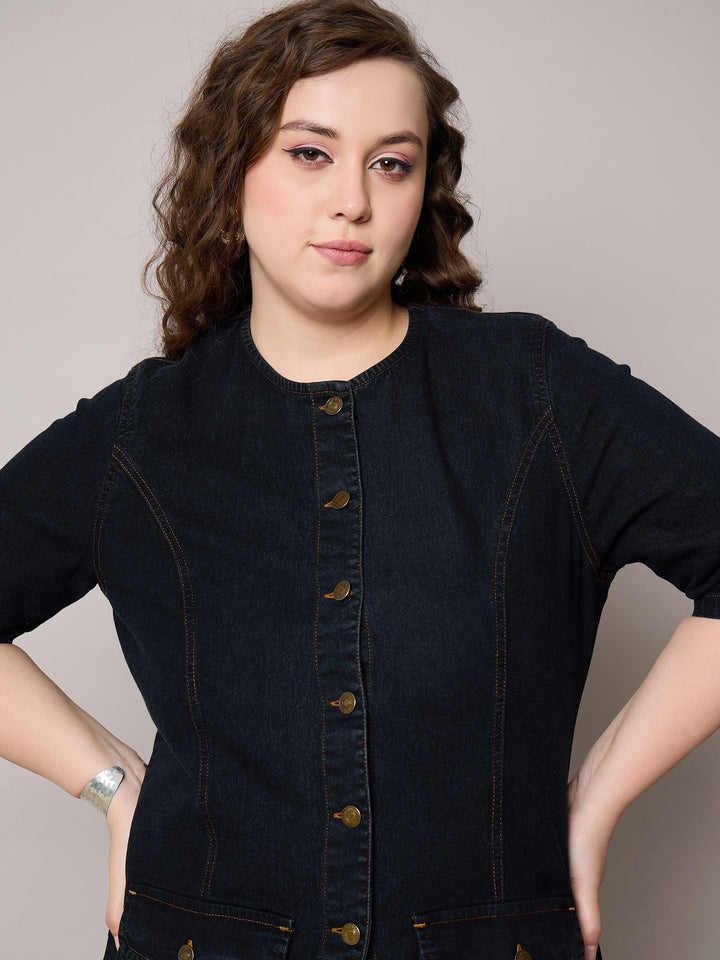Black Blast Denim Button Top With Jeans-SASSAFRAS Curve