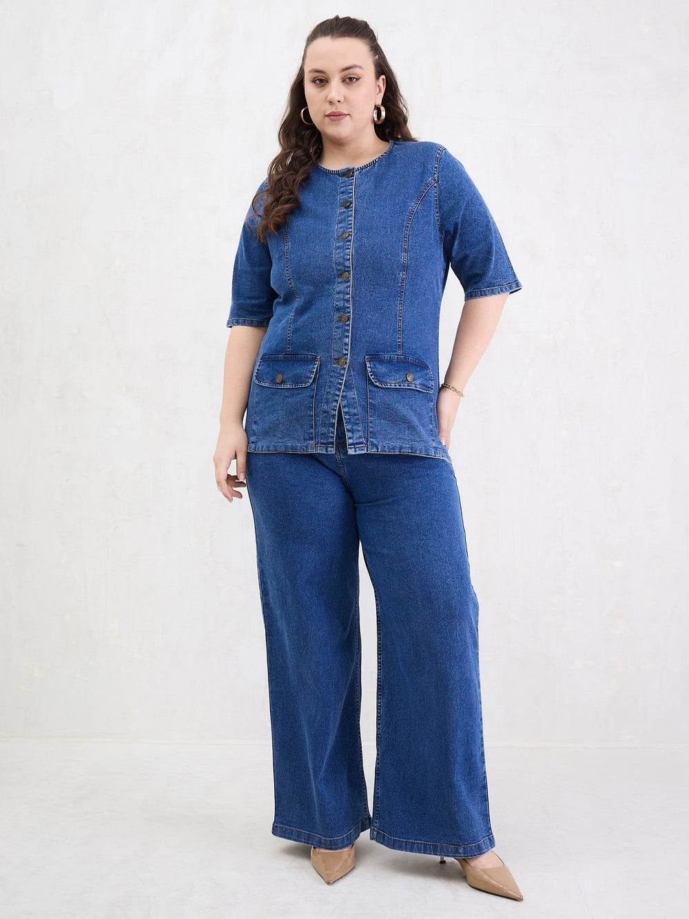 Blue Blast Denim Button Top With Jeans-SASSAFRAS Curve