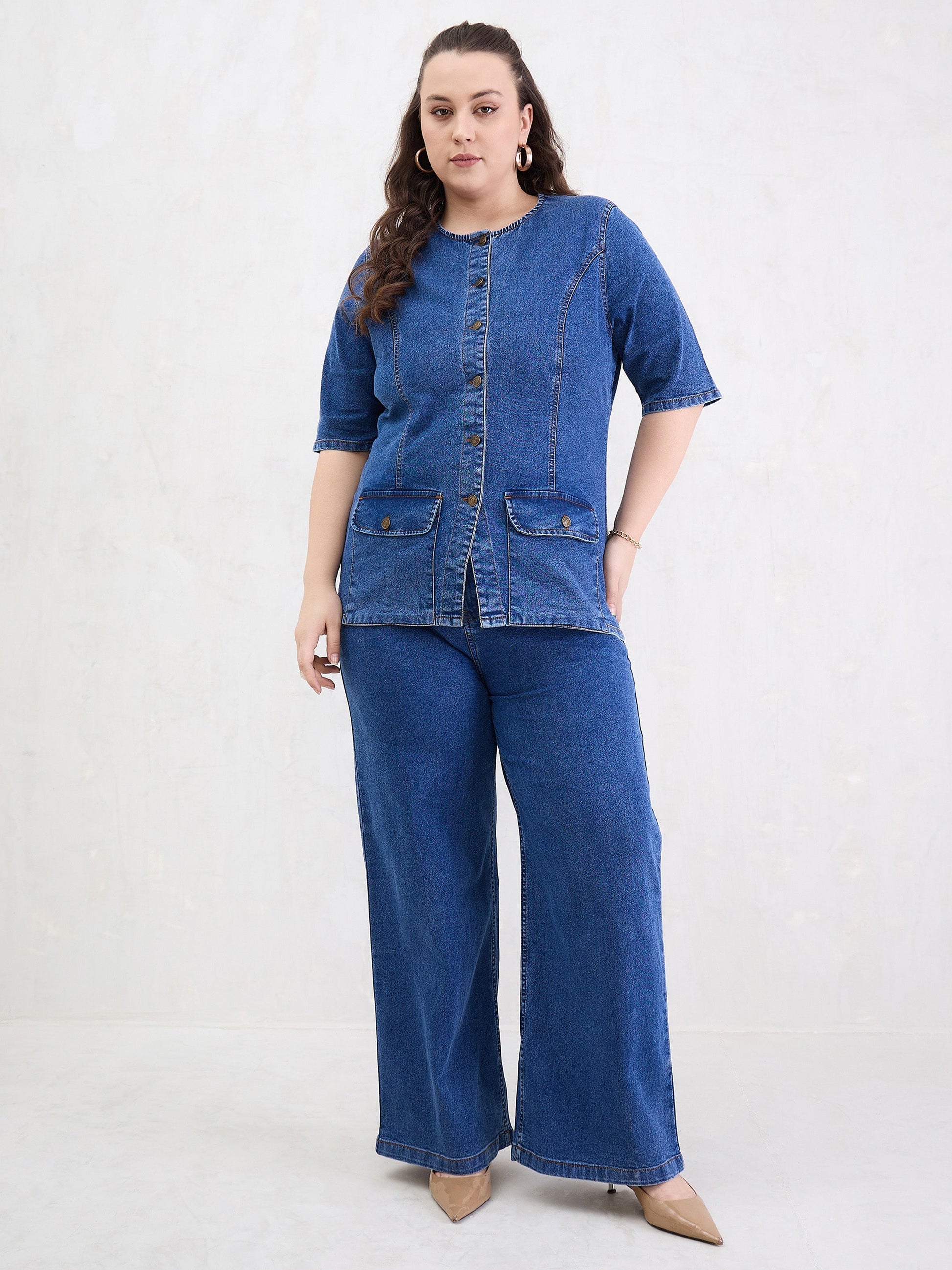 Blue Blast Denim Button Top With Jeans-SASSAFRAS Curve