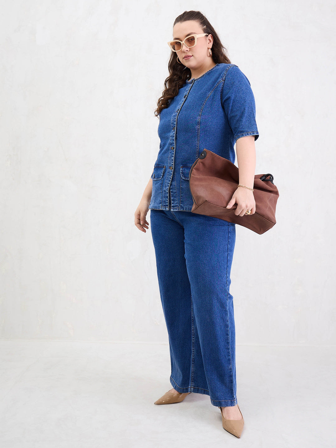 Blue Blast Denim Button Top With Jeans-SASSAFRAS Curve