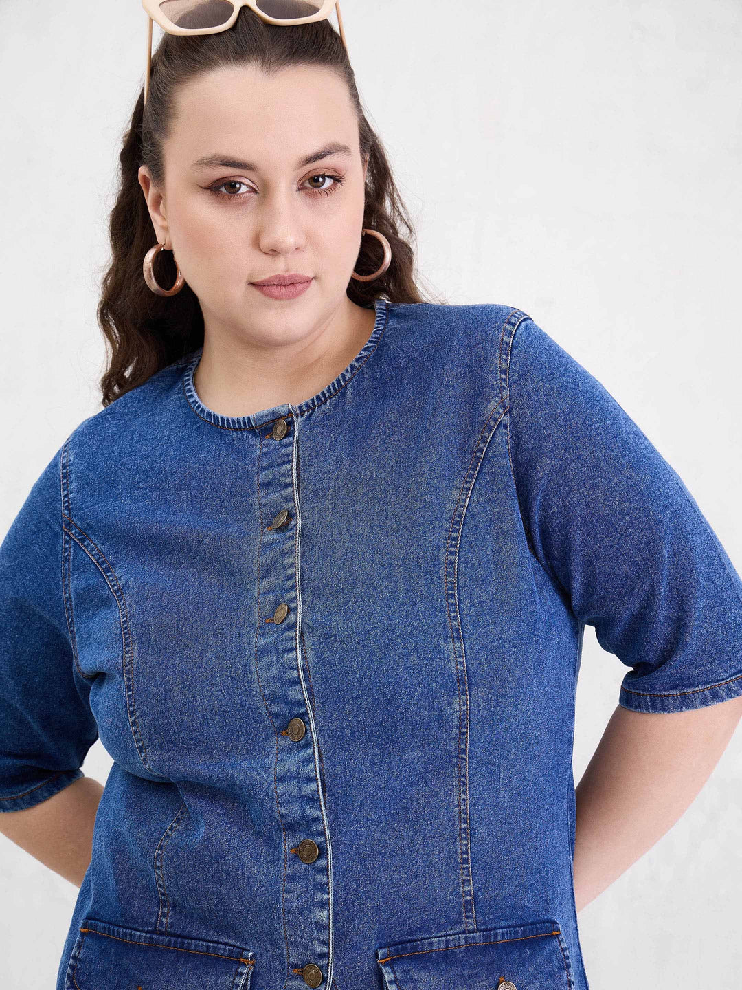 Blue Blast Denim Button Top With Jeans-SASSAFRAS Curve