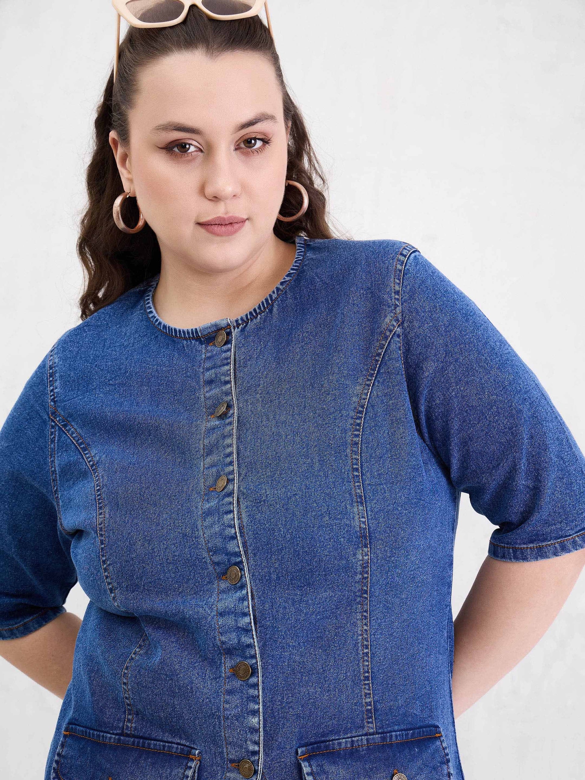 Blue Blast Denim Button Top With Jeans-SASSAFRAS Curve