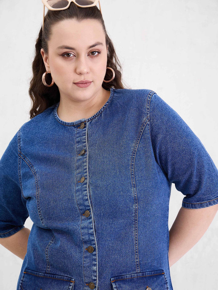 Blue Blast Denim Button Top With Jeans-SASSAFRAS Curve