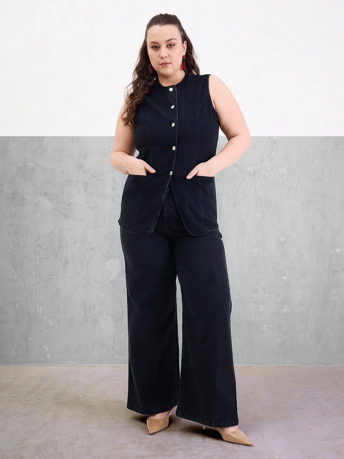 Plus size women's Black Denim Black Denim Sleeveless Top With Jeans by Sassafras Curve for wholesale buyers, boutiques, resellers and bulk orders