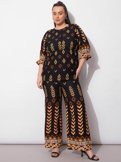 Plus size women's Black Rayon Black Geometric Peplum Top With Pants by Sassafras Curve for wholesale buyers, boutiques, resellers and bulk orders