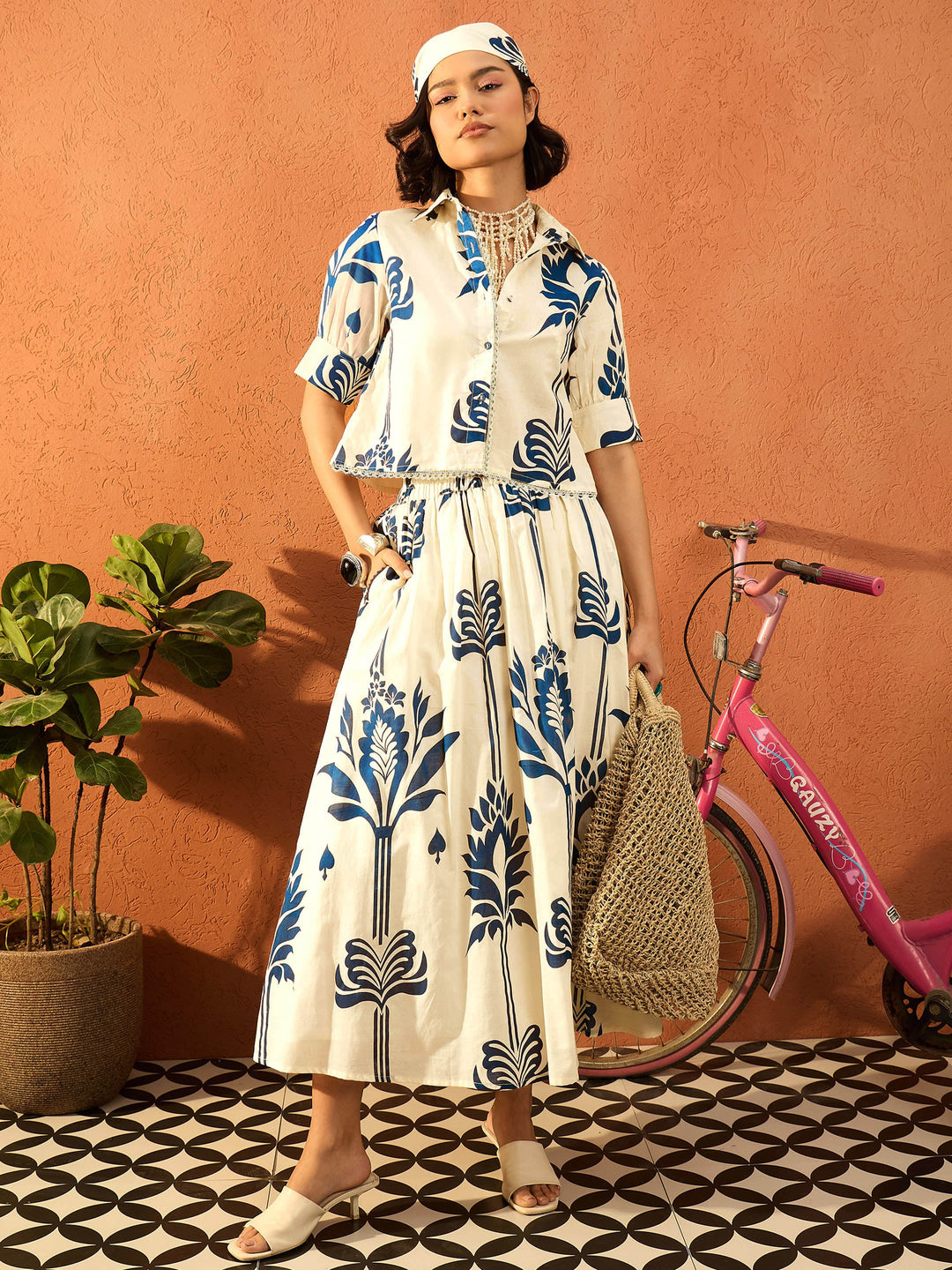 Women Blue &amp; Off White  Floral Shirt With Gathered Skirt