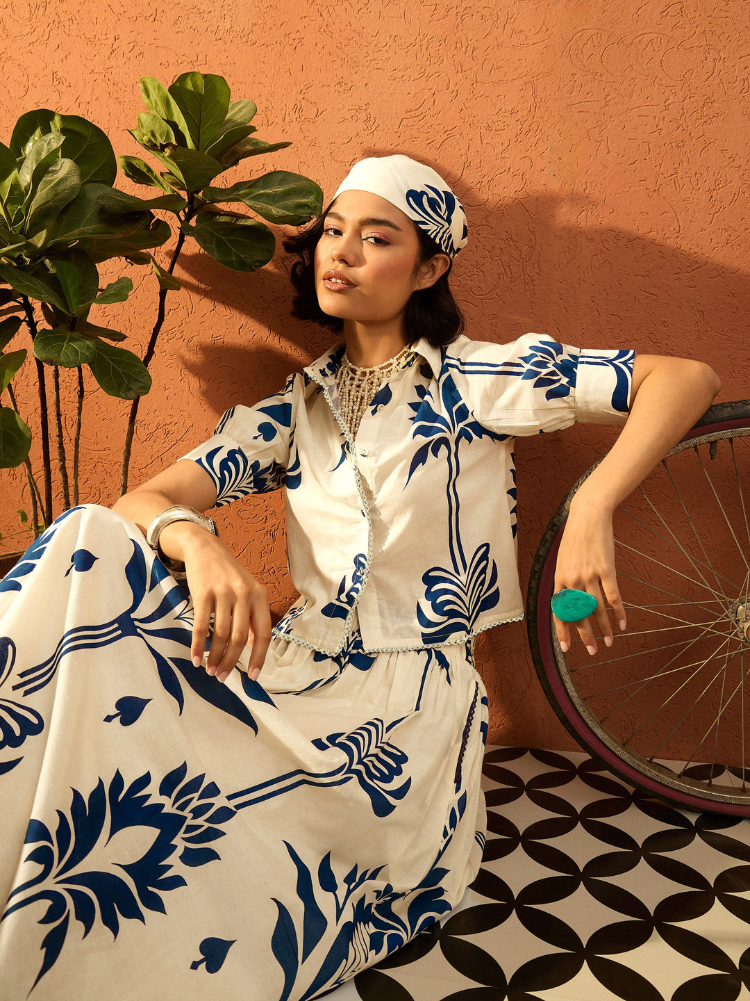 Women Blue &amp; Off White  Floral Shirt With Gathered Skirt