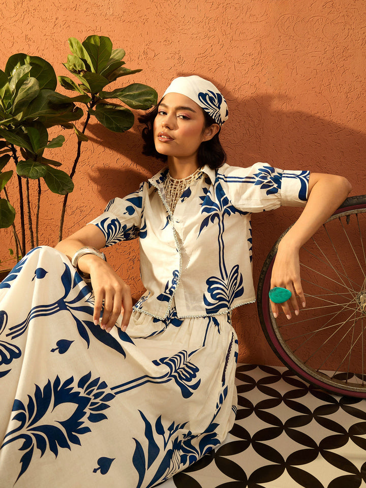 Women Blue &amp; Off White  Floral Shirt With Gathered Skirt