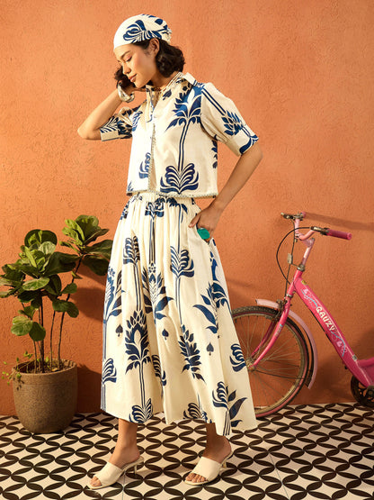 Women Blue & Off White  Floral Shirt With Gathered Skirt