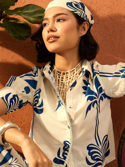 Women Blue & Off White  Floral Shirt With Gathered Skirt