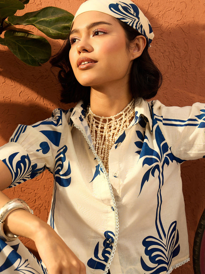 Women Blue &amp; Off White  Floral Shirt With Gathered Skirt