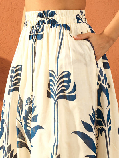 Women Blue & Off White  Floral Shirt With Gathered Skirt