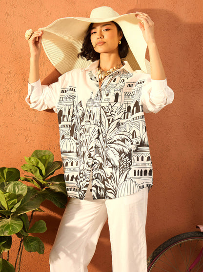 Women White Skyline Print Shirt With Straight Pants