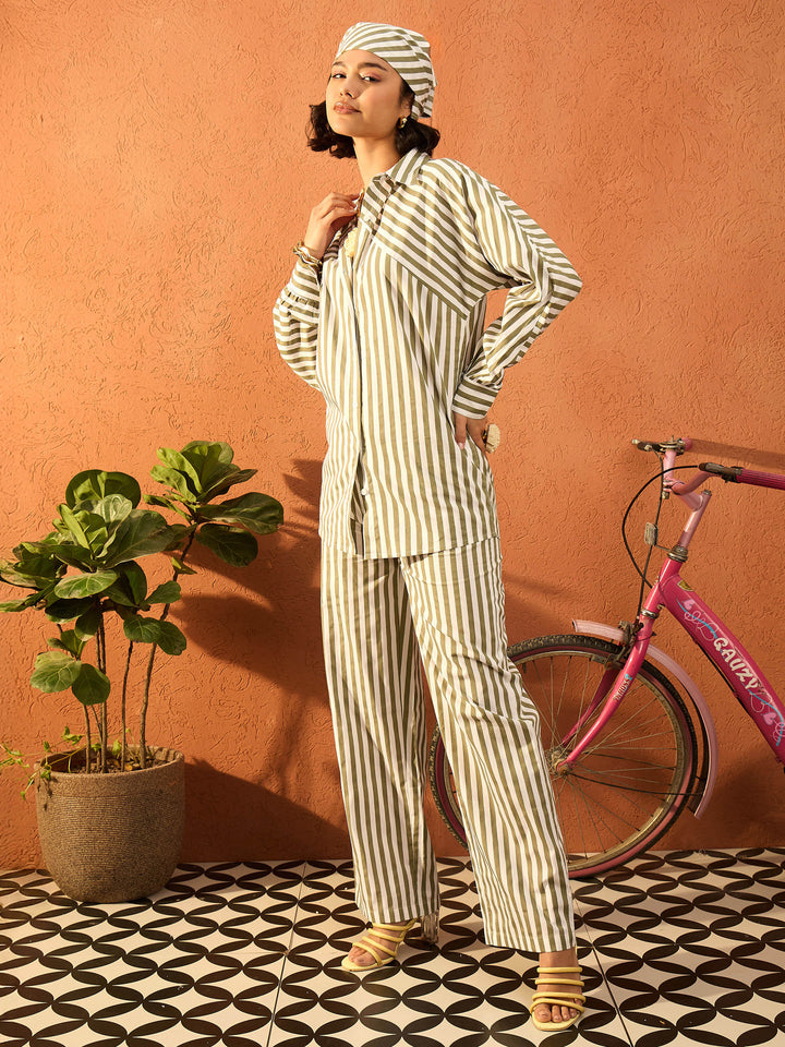 Women Sea Green &amp; White Stripe Shirt With Straight Pants