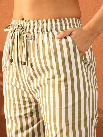 Women Sea Green & White Stripe Shirt With Straight Pants