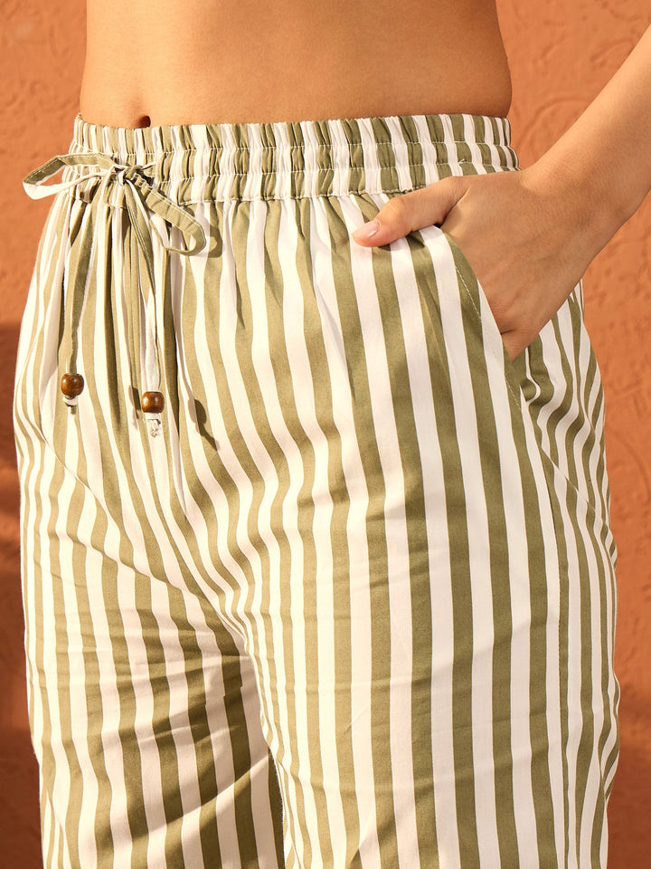 Women Sea Green &amp; White Stripe Shirt With Straight Pants