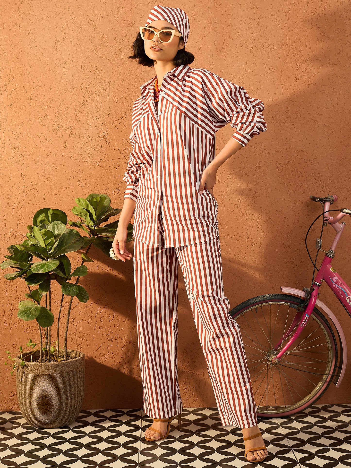 Women Dark Brown & White Stripe Shirt With Straight Pants