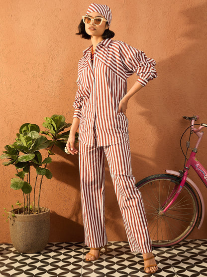 Women Dark Brown & White Stripe Shirt With Straight Pants