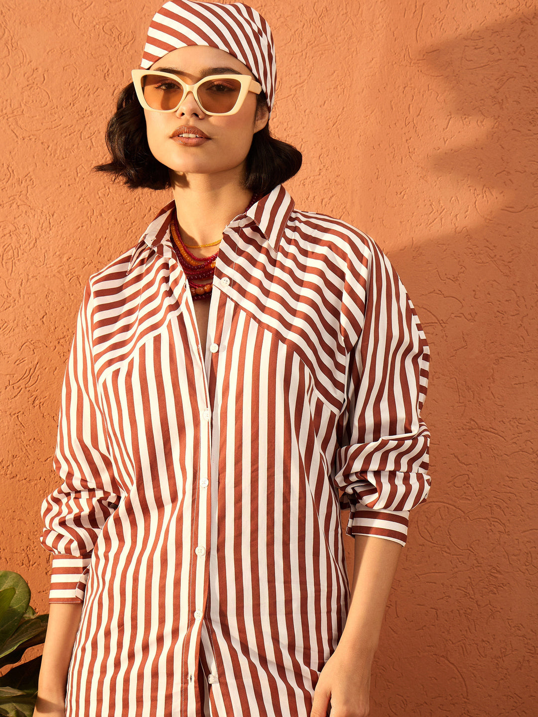 Women Dark Brown &amp; White Stripe Shirt With Straight Pants