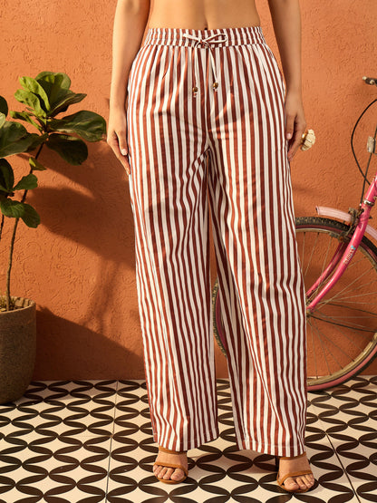 Women Dark Brown & White Stripe Shirt With Straight Pants