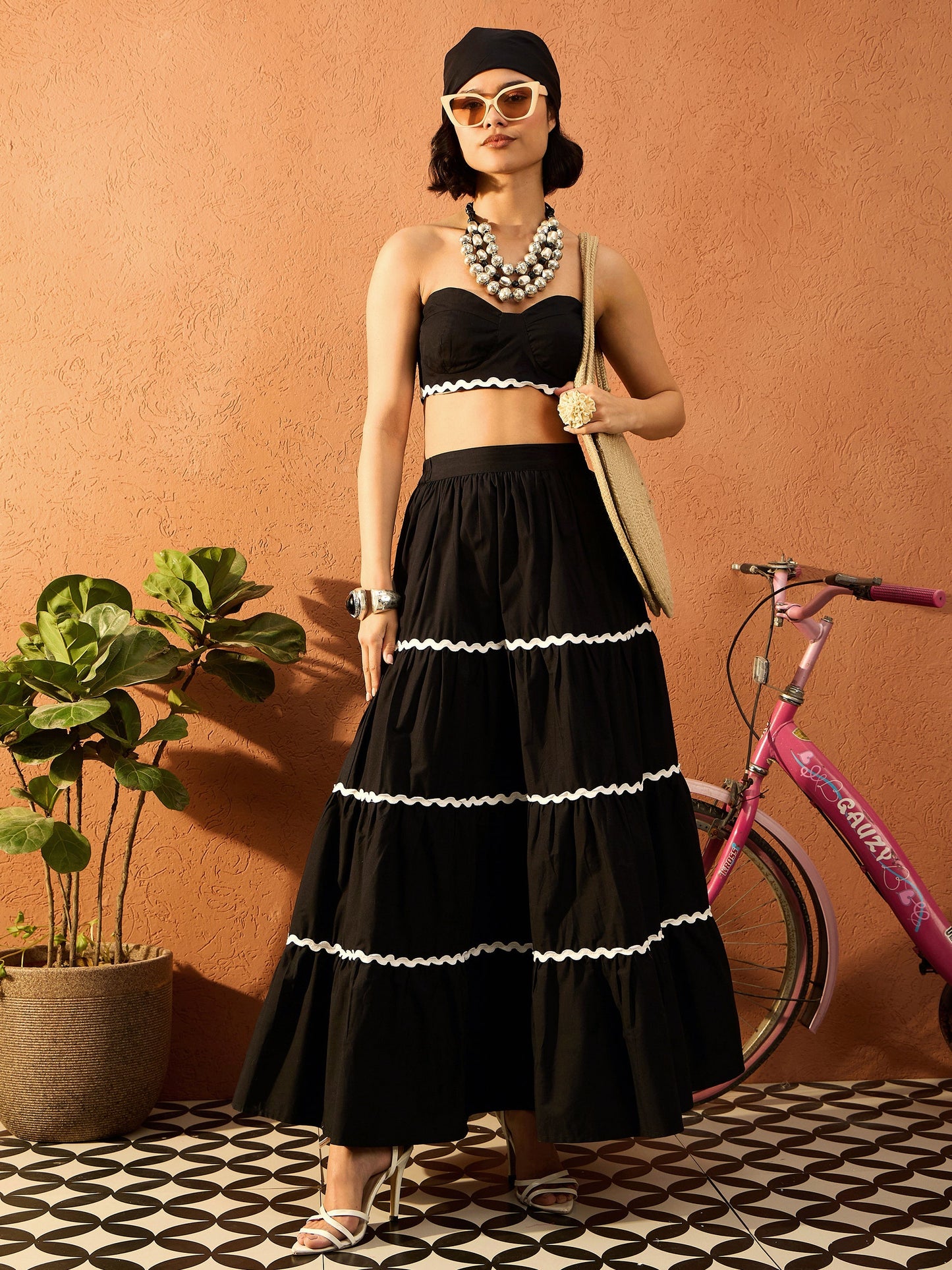 Women Black Ric Rac Lace Bustier Top With Tiered Skirt