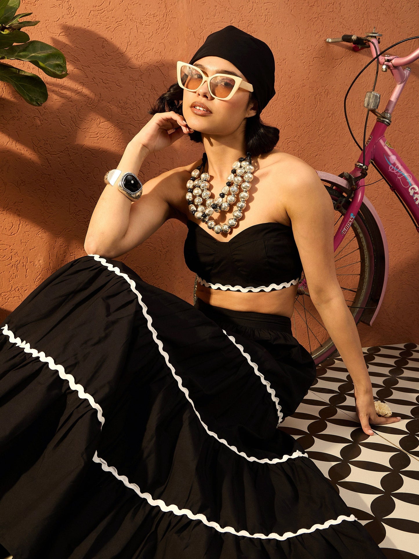 Women Black Ric Rac Lace Bustier Top With Tiered Skirt