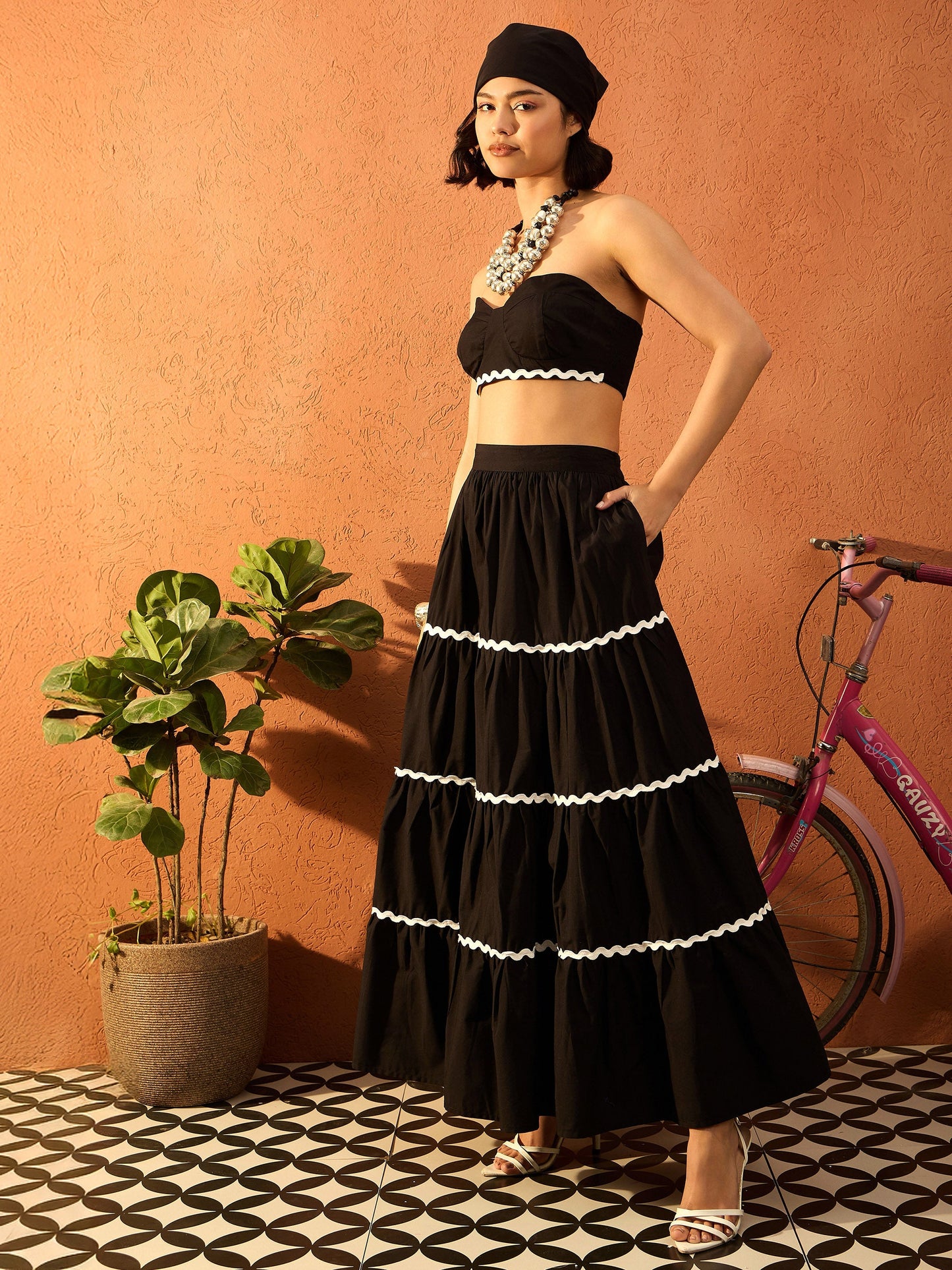 Women Black Ric Rac Lace Bustier Top With Tiered Skirt