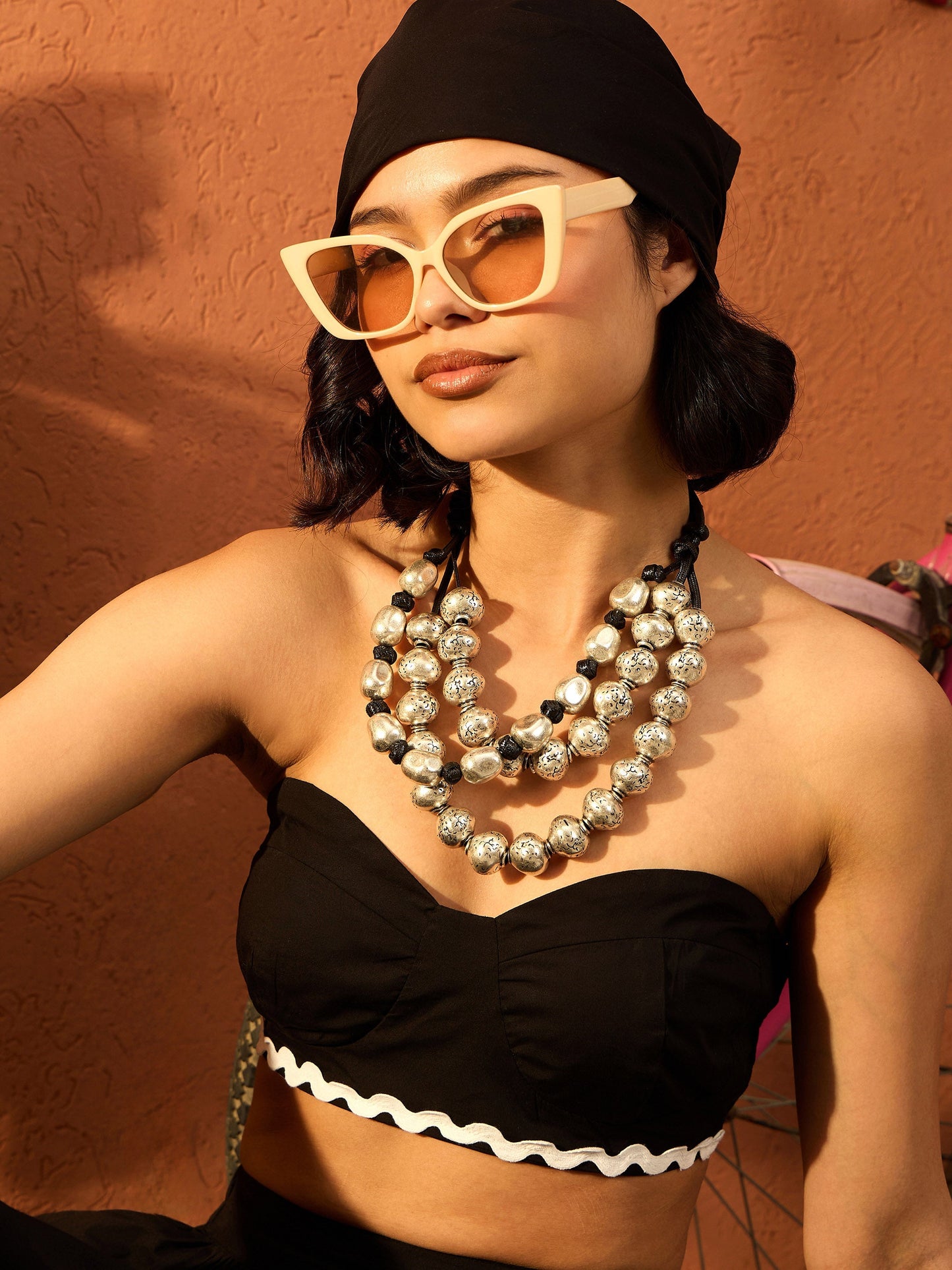 Women Black Ric Rac Lace Bustier Top With Tiered Skirt