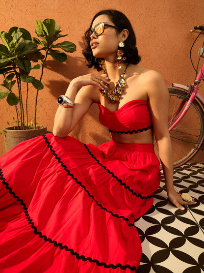Women Red Ric Rac Lace Bustier Top With Tiered Skirt