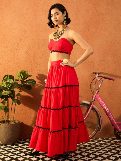 Women Red Ric Rac Lace Bustier Top With Tiered Skirt