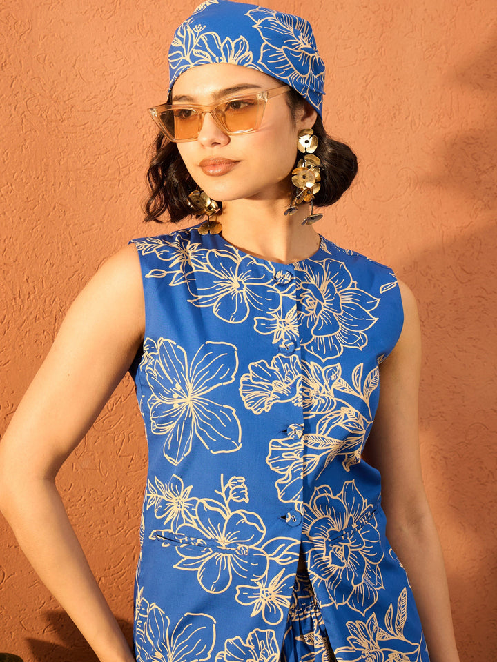 Women Blue &amp; Off White Floral Vest Top With Skirt