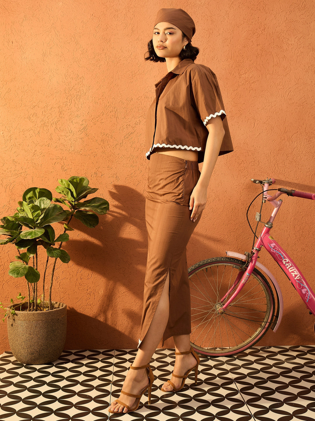 Women Brown Crop Shirt With Ruched Skirt