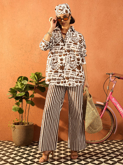 Women Brown & White Quirky Shirt With Straight Pants