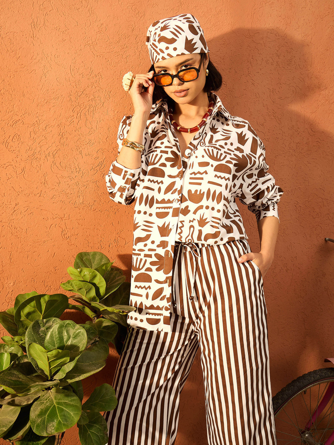 Women Brown &amp; White Quirky Shirt With Straight Pants