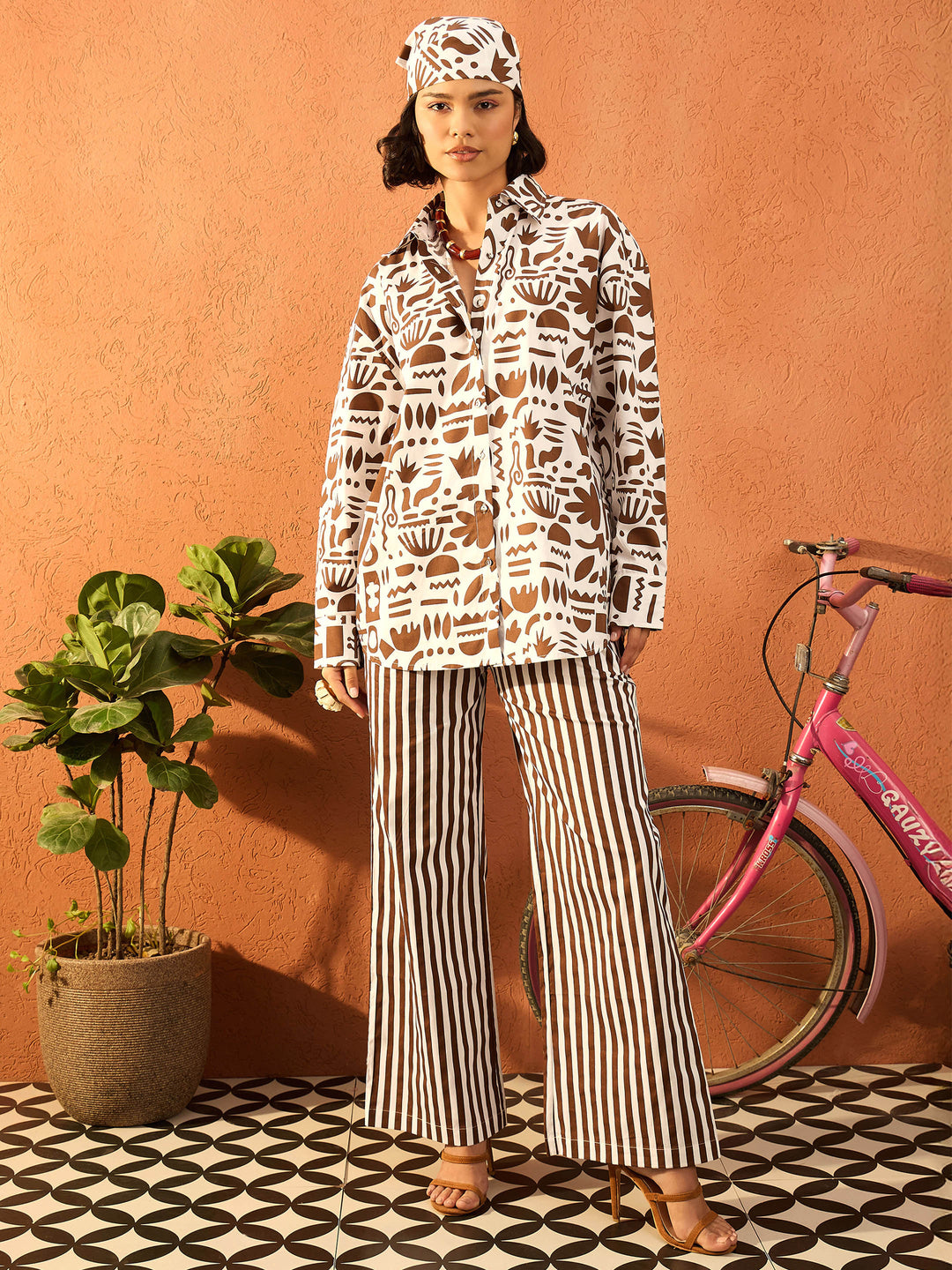 Women Brown &amp; White Quirky Shirt With Straight Pants