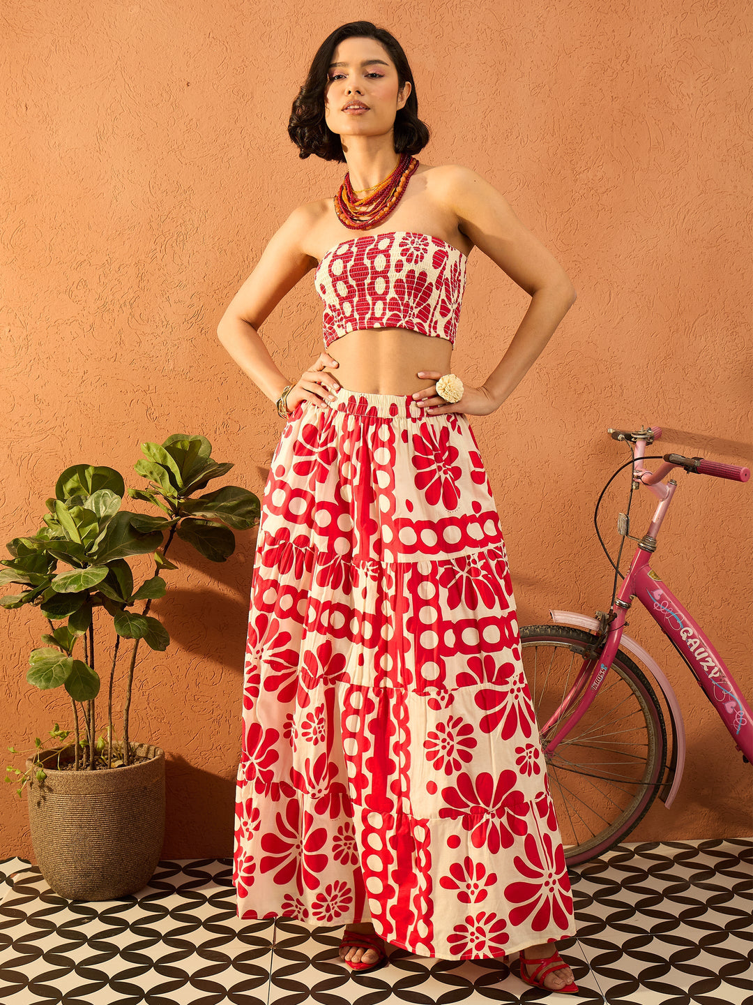 Women Red &amp; Beige Floral Tube Top With Tiered Skirt