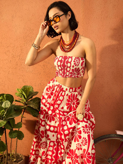 Women Red & Beige Floral Tube Top With Tiered Skirt