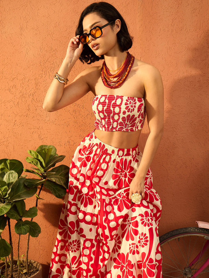 Women Red &amp; Beige Floral Tube Top With Tiered Skirt