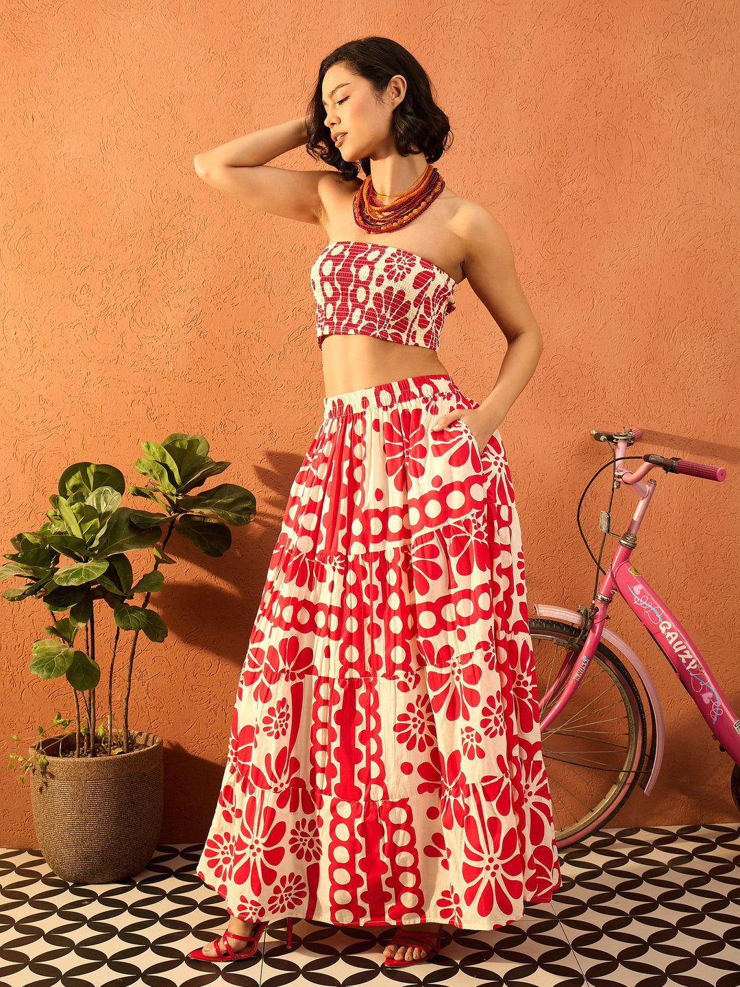 Women Red &amp; Beige Floral Tube Top With Tiered Skirt