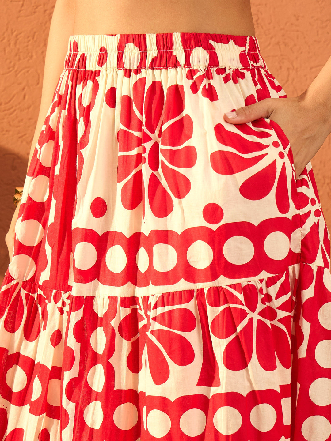Women Red &amp; Beige Floral Tube Top With Tiered Skirt